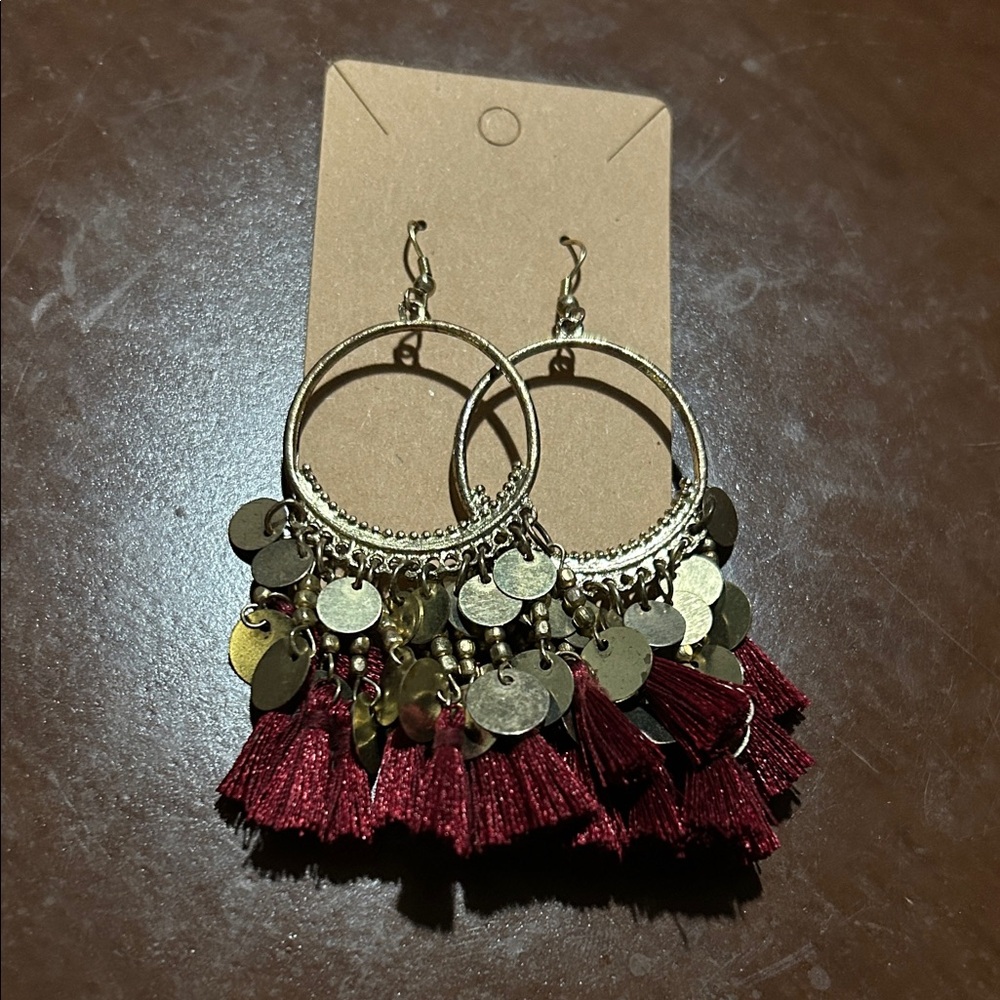 Elegant Gold and Red Tassel Pierced Earrings!